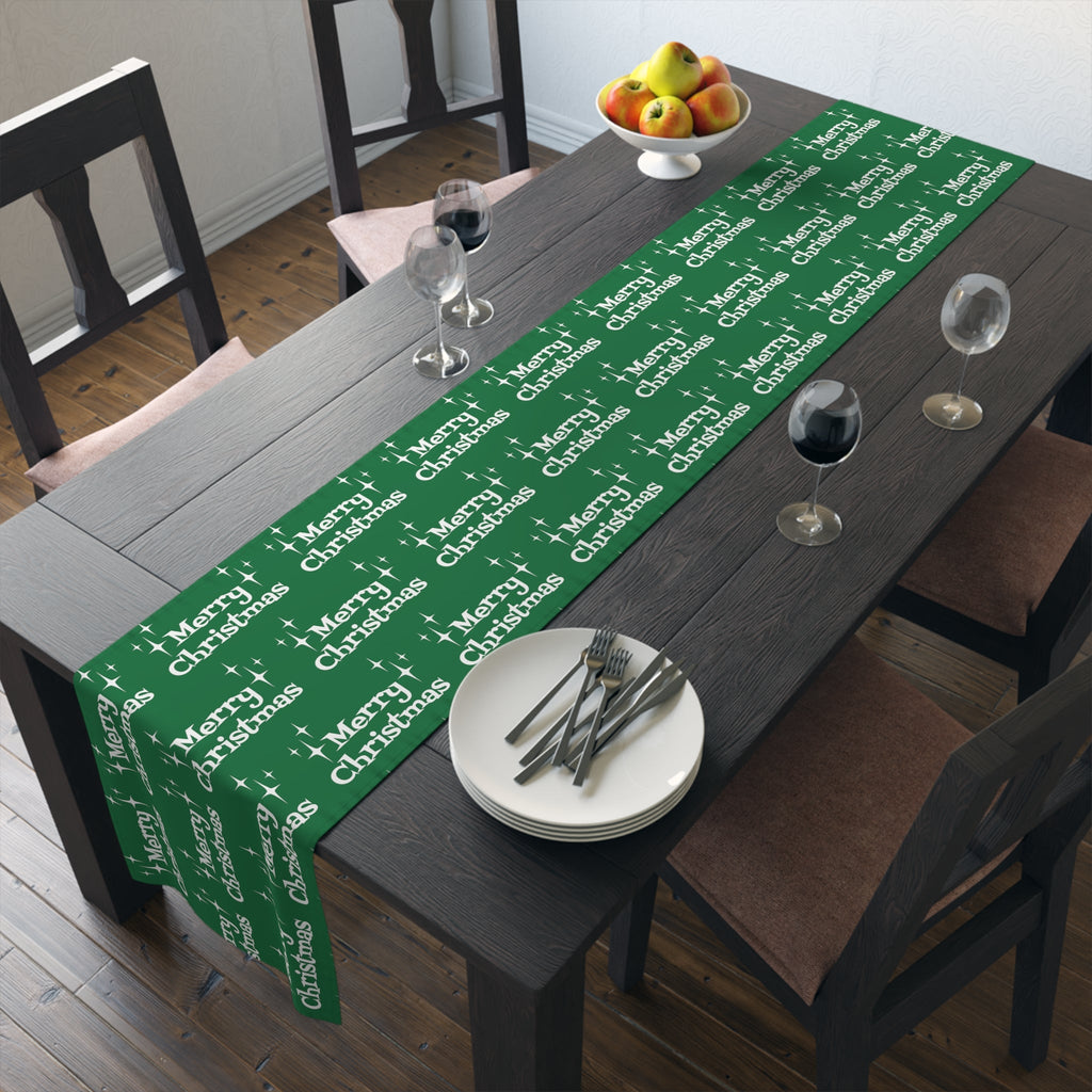 Merry Christmas Starburst Atomic Mid Century Retro Style Christmas Decor Green Cotton Poly Table Runner
