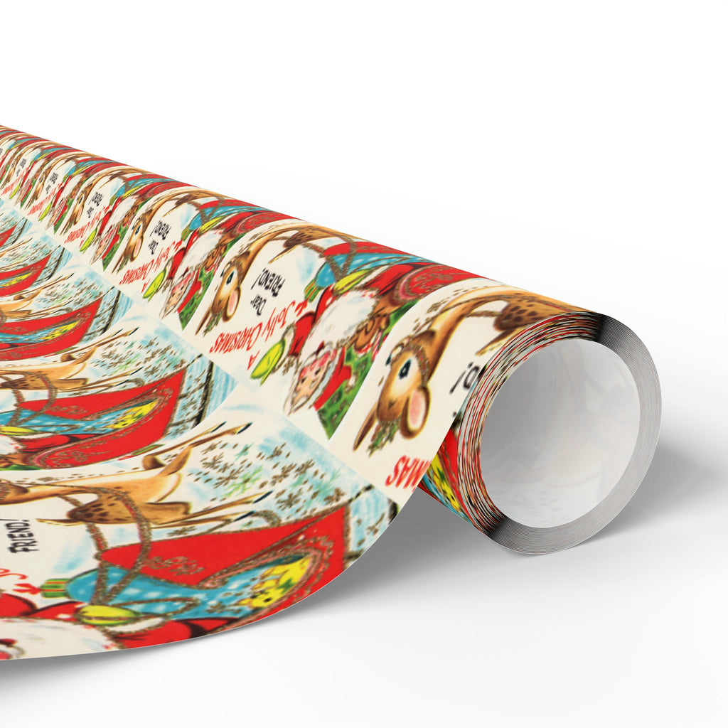 A Jolly Christmas Dear Friend Santa In Sleigh With Reindeer Mid Century Retro Christmas Print Holiday Gift Wrap Paper - Glossy Or Matte