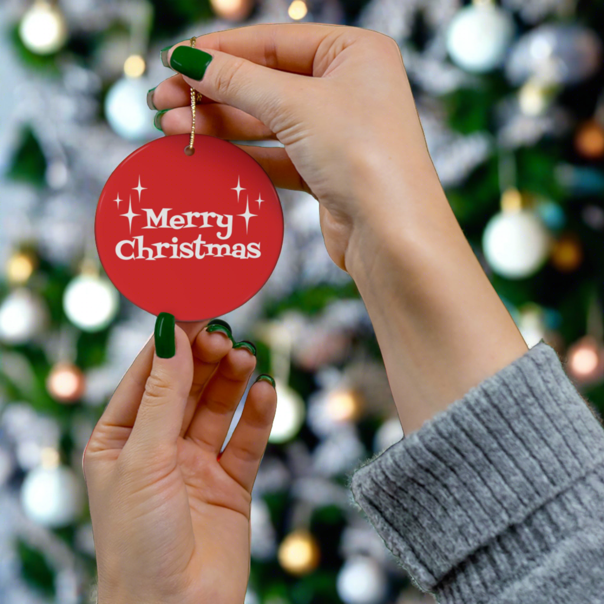 Merry Christmas Starburst Atomic Mid Century Retro Christmas Style Red Ceramic Ornament