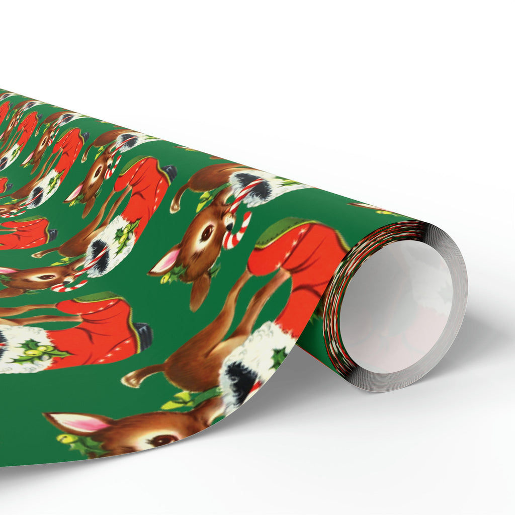 Reindeer With Stocking Mid Century Retro Christmas Print Holiday Gift Wrap Paper - Glossy Or Matte