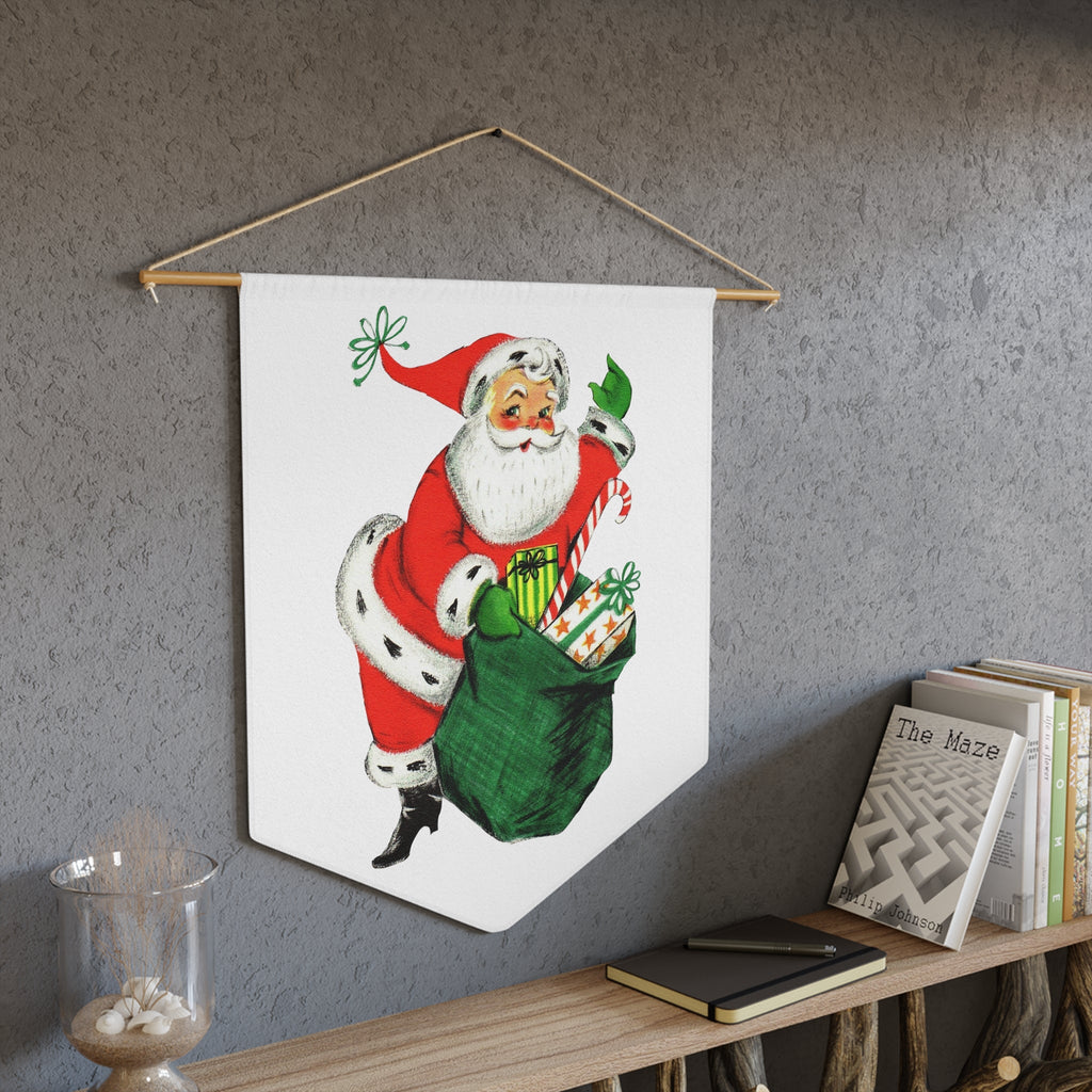 Santa With Sack Of Presents Mid Century Retro Christmas Print Wall Hanging Banner Flag