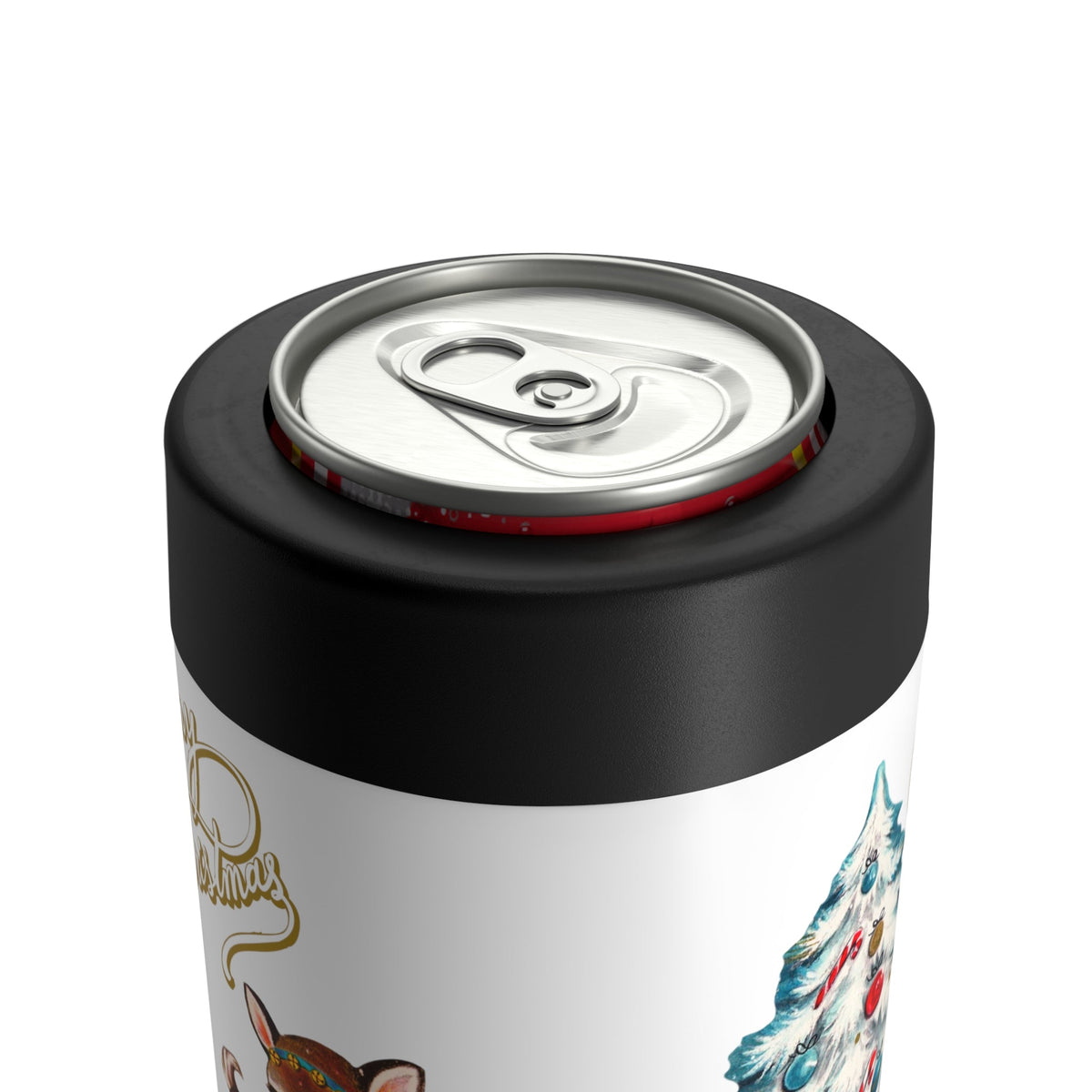 Merry Christmas Reindeer Tree Mid Century Retro Christmas Print Stainless Steel Can Holder