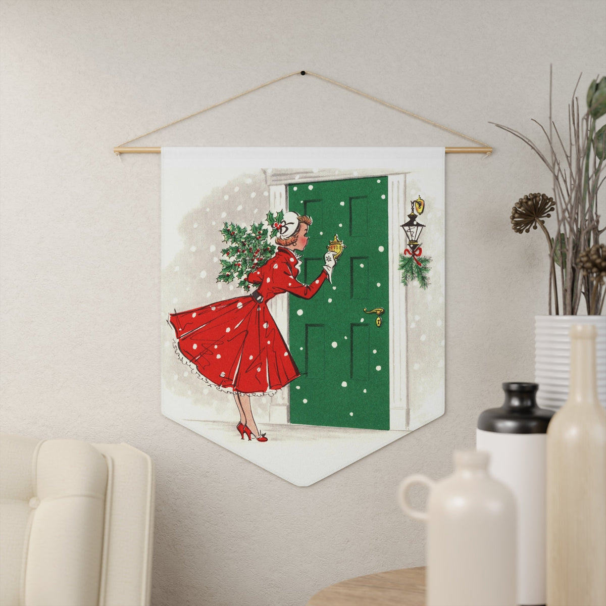 Christmas Lady With Holly Mistletoe Retro Christmas Print Wall Hanging Banner Flag