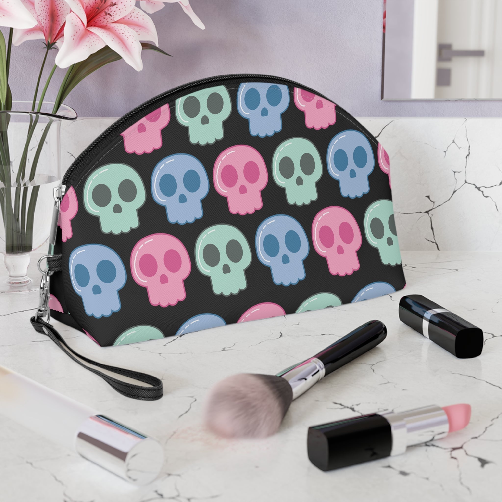 Pastel Goth Skulls Cute Black Halloween Travel Cosmetic Makeup Bag