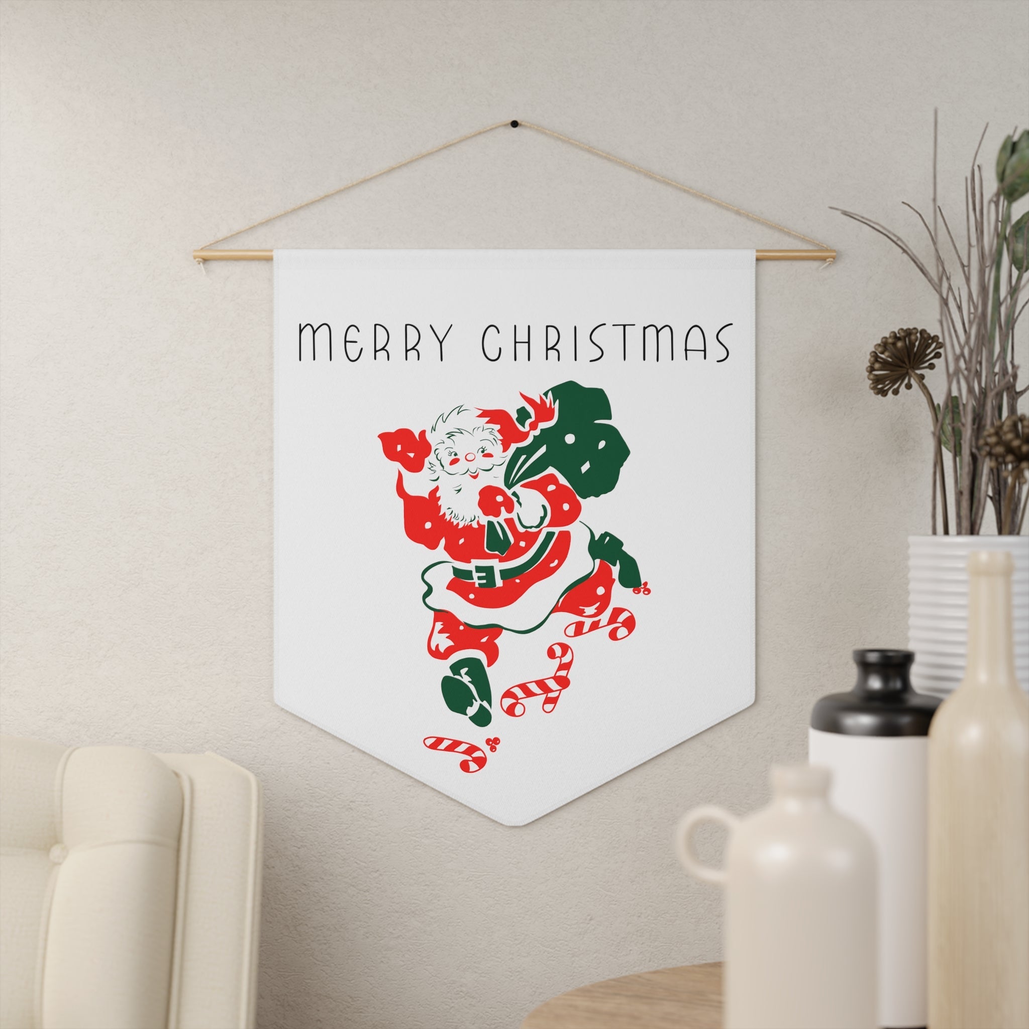 Merry Christmas Santa Mid Century Retro Print Christmas Wall Hanging Banner Flag