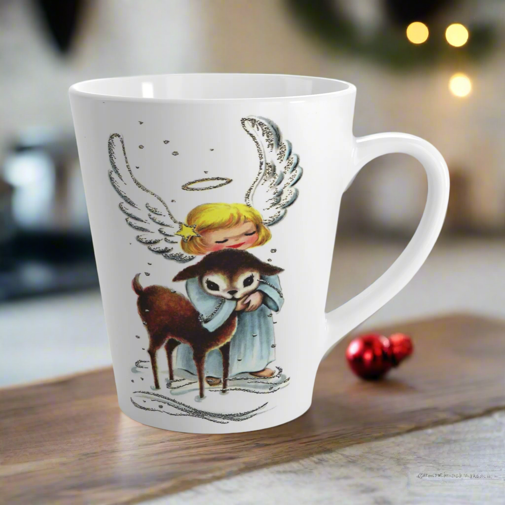 Angel Hugging Baby Fawn Deer Mid Century Retro Christmas Latte Coffee Mug