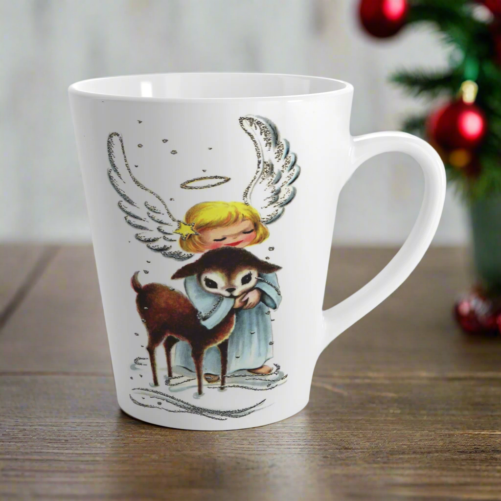 Angel Hugging Baby Fawn Deer Mid Century Retro Christmas Latte Coffee Mug