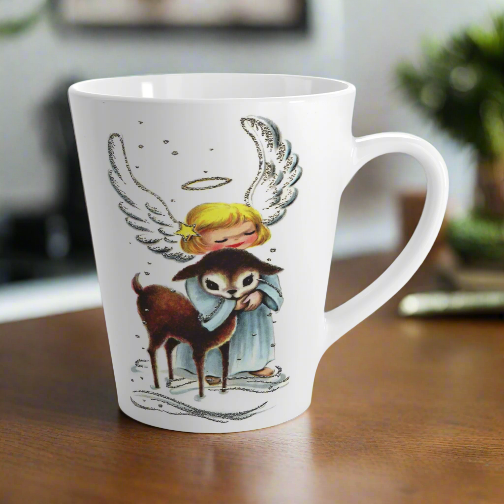 Angel Hugging Baby Fawn Deer Mid Century Retro Christmas Latte Coffee Mug