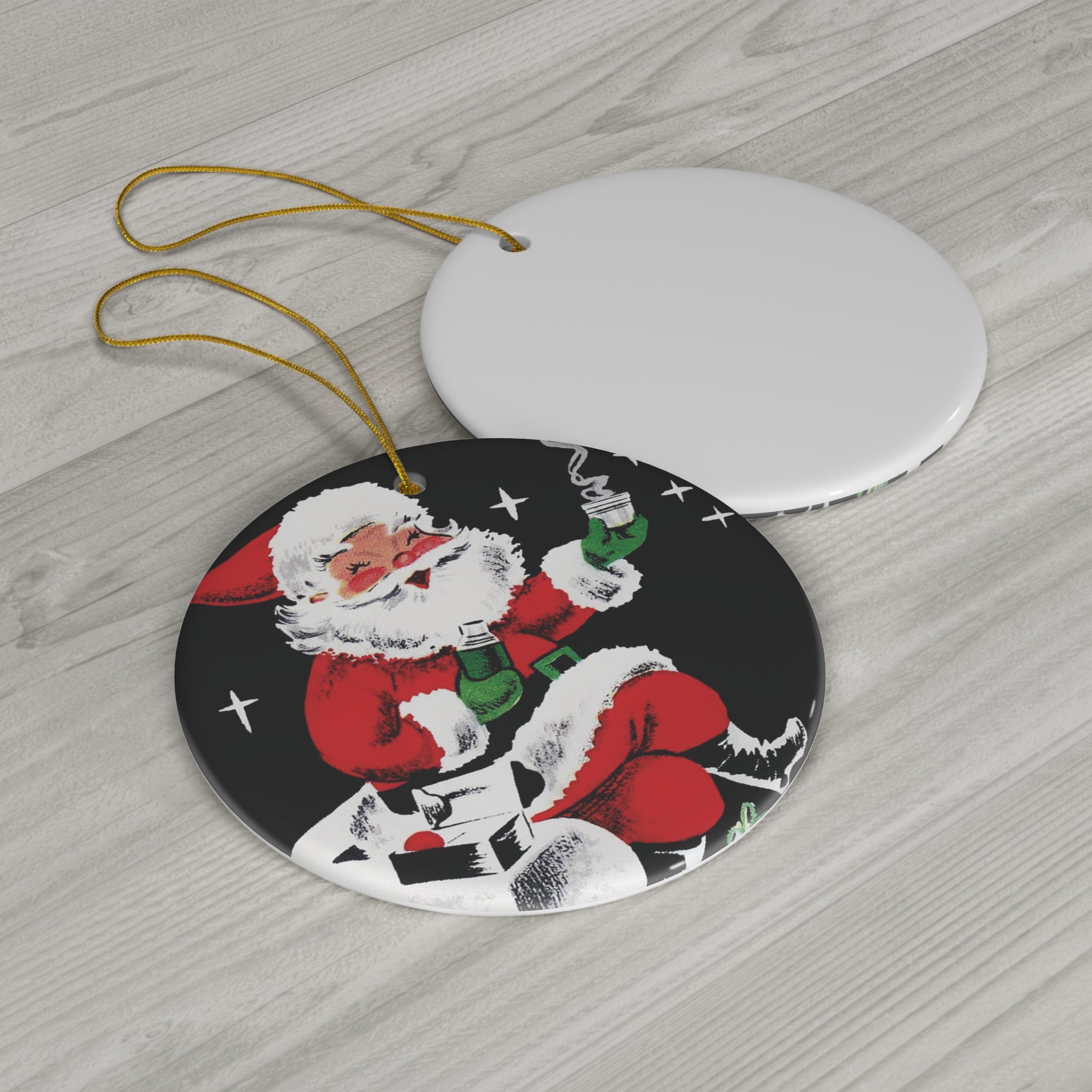 Santa On Chimney With Hot Cocoa Mid Century Retro Christmas Print Ceramic Ornament