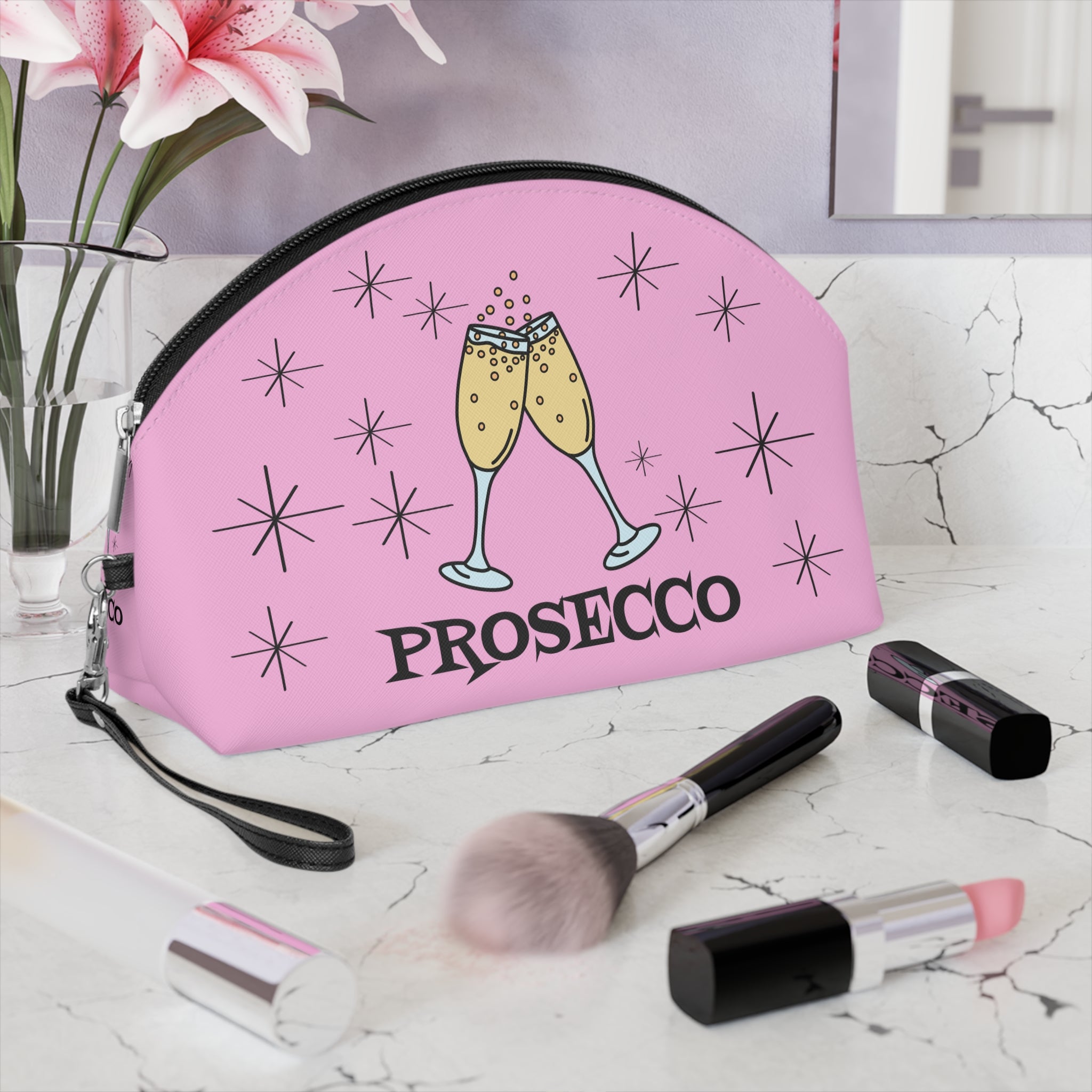 Prosecco Cocktails Pink Atomic Mid Century Retro Style Cosmetic Makeup Travel Bag