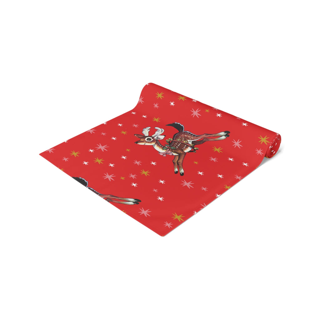 Leaping Reindeer Stars Red Midcentury Retro Christmas Polyester Table Runner