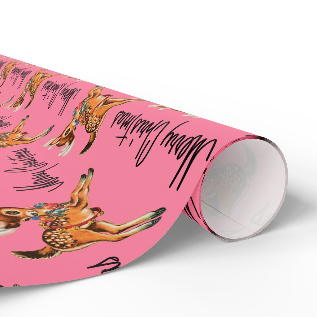 Merry Christmas Leaping Reindeer Pink Mid Century Retro Christmas Print Holiday Gift Wrap Paper - Glossy Or Matte