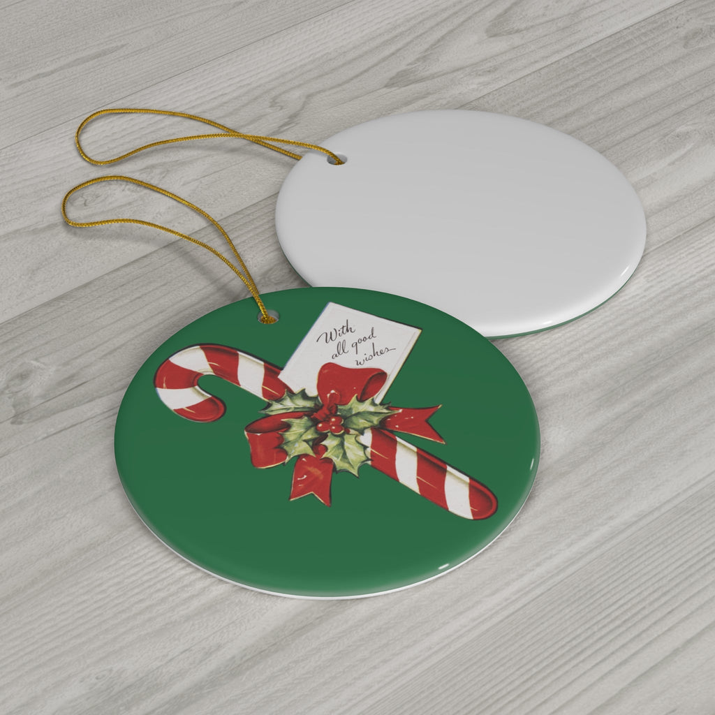 With All Good Wishes Candy Cane Retro Christmas Print Ceramic Ornament