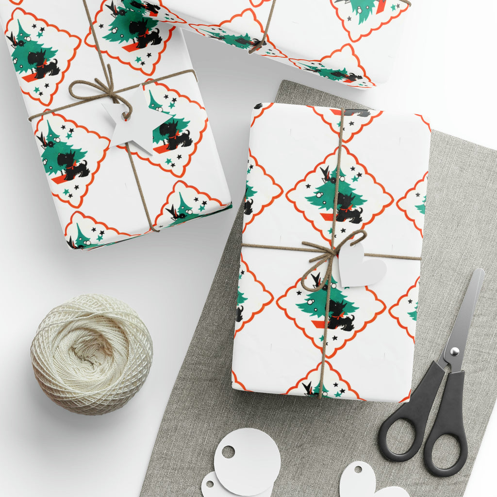 Christmas Scottie Blackbird Tree Mid Century Retro Christmas Print Holiday Gift Wrap Paper - Glossy Or Matte