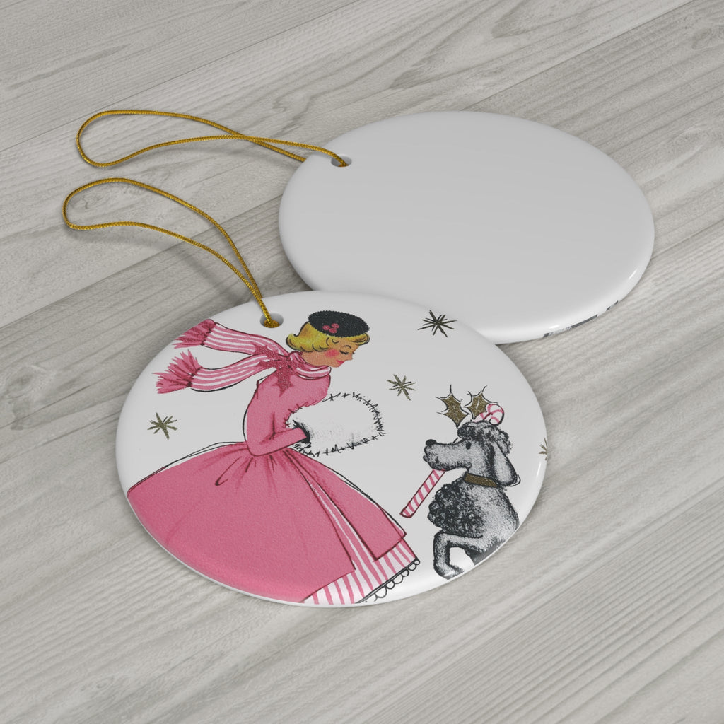 Christmas Lady With Poodle Candy Cane Mid Century Retro Christmas Print Ceramic Ornament