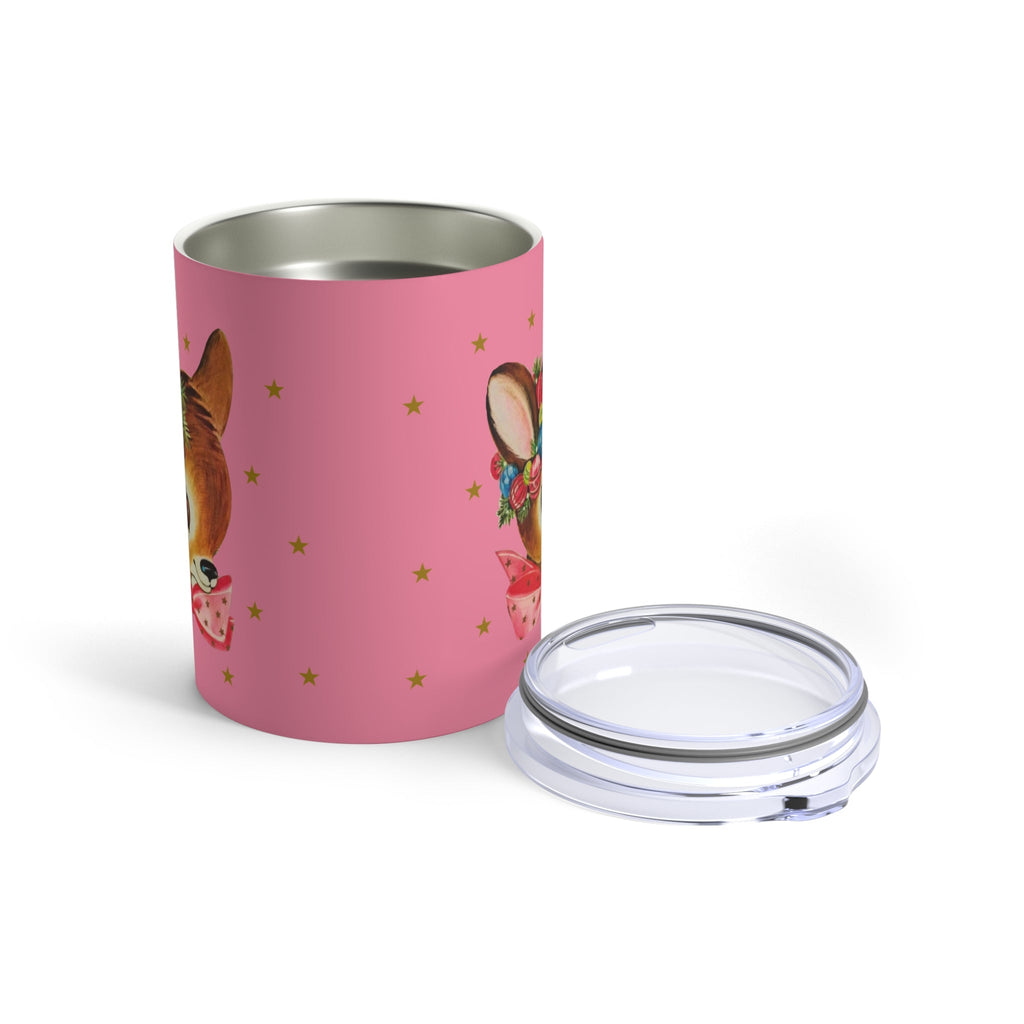 Reindeer Gold Stars Retro Pink Christmas Print Stainless Steel Tumbler 10oz