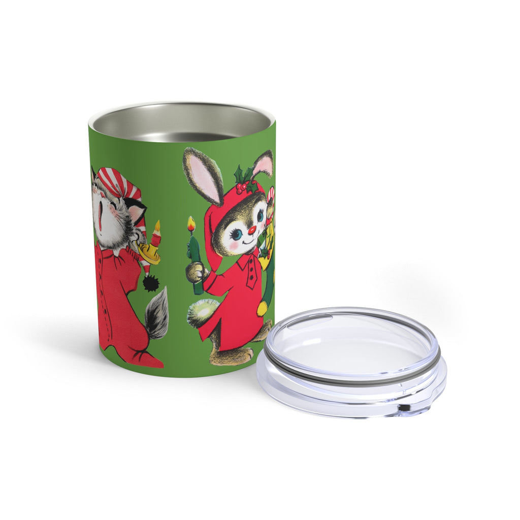 Christmas Bunny Sleepy Kitten Waiting For Santa Vintage Retro Christmas Print Stainless Steel Tumbler 10oz