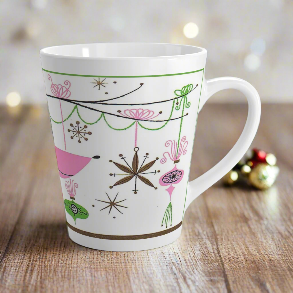 Pink Reindeer With Ornaments Mid Century Retro Christmas Print Latte Coffee Mug