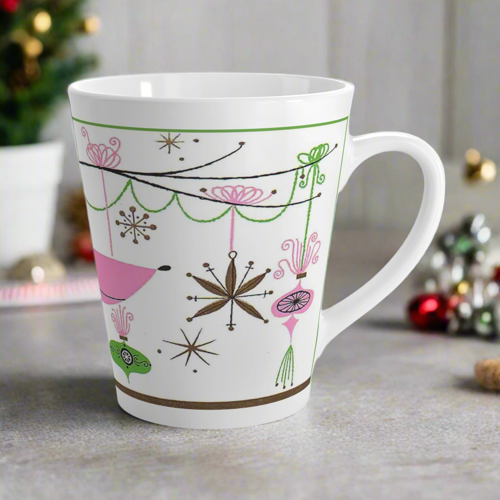 Pink Reindeer With Ornaments Mid Century Retro Christmas Print Latte Coffee Mug