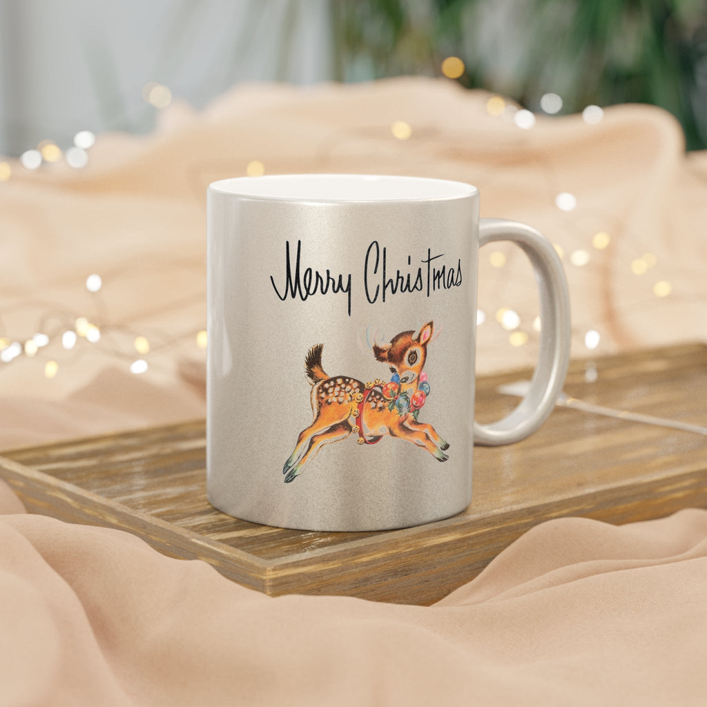 Merry Christmas Mid Century Retro Reindeer Print Silver Metallic Mug