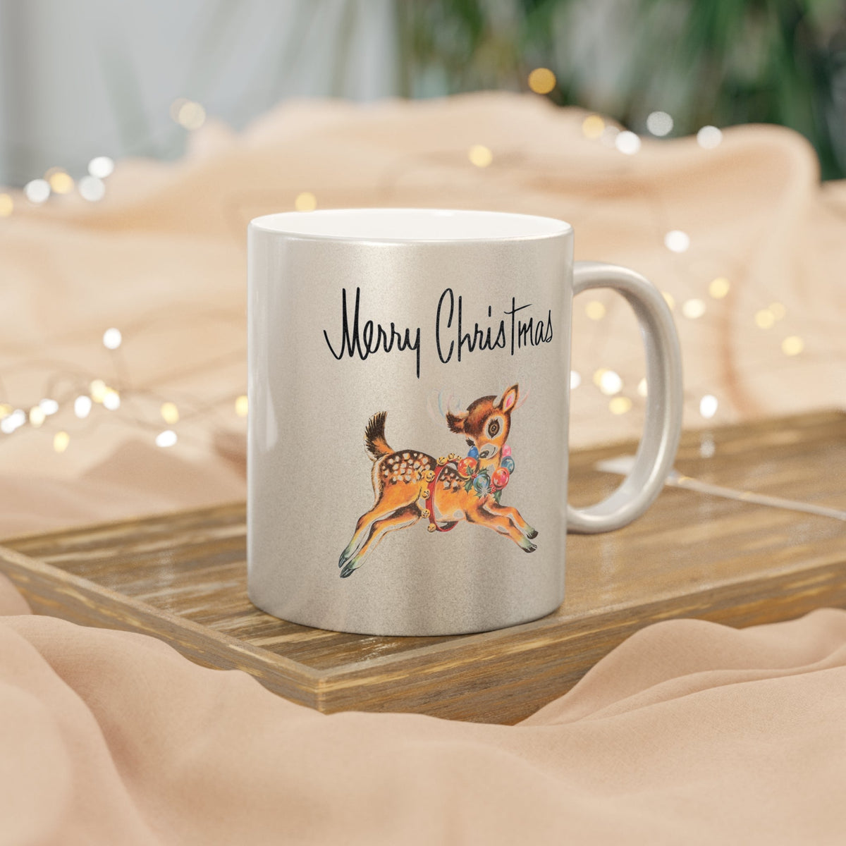 Merry Christmas Mid Century Retro Reindeer Print Silver Metallic Mug