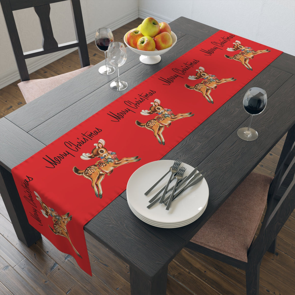 Merry Christmas Reindeer Mid Century Red Retro Christmas Print Home Decor Cotton Poly Table Runner