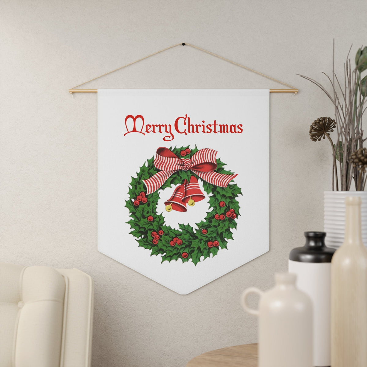 Merry Christmas Wreath Retro Mid Century Christmas Print Wall Hanging Banner Flag