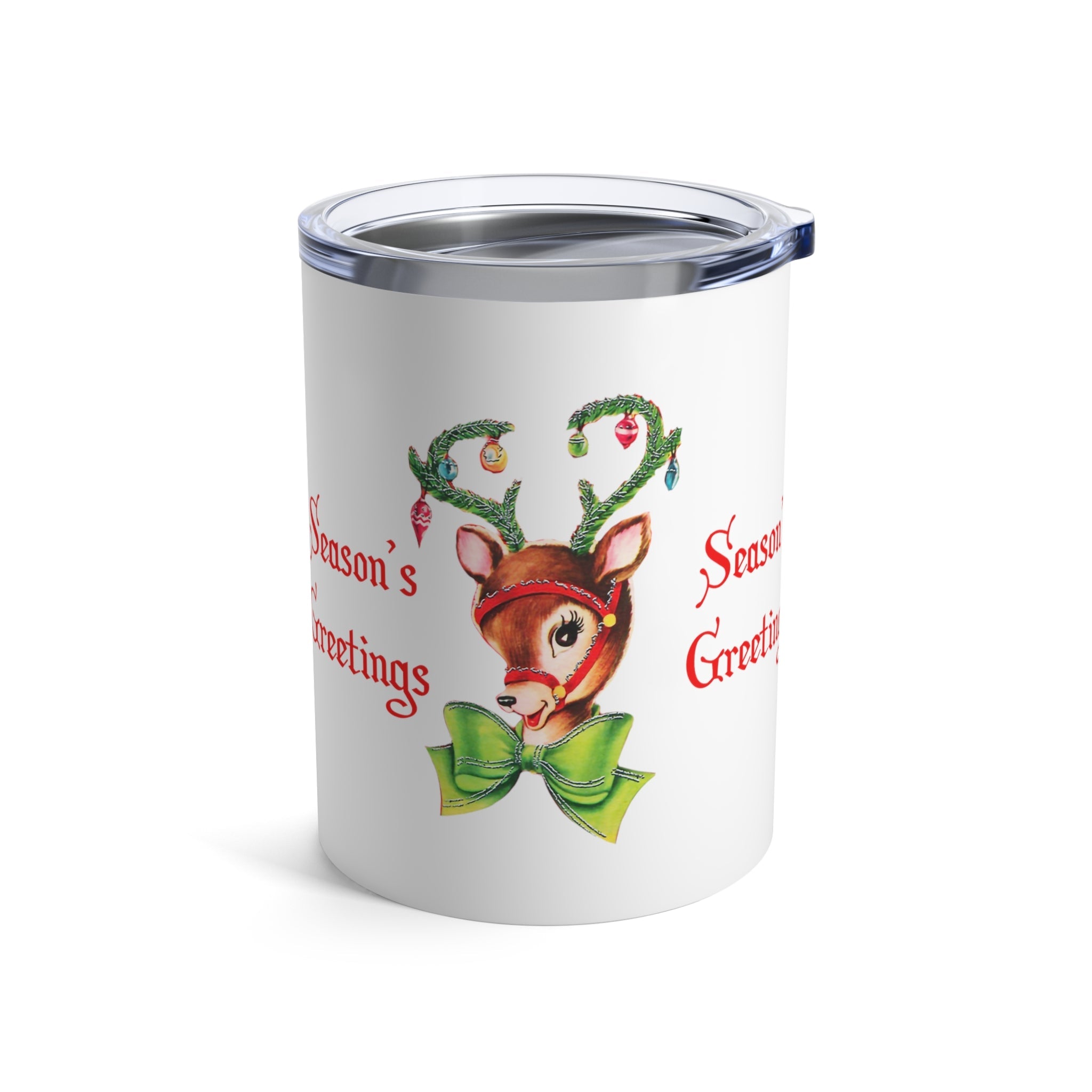 Season's Greetings Reindeer With Ornaments Retro Mid Century Christmas Print Stainless Steel Tumbler 10oz