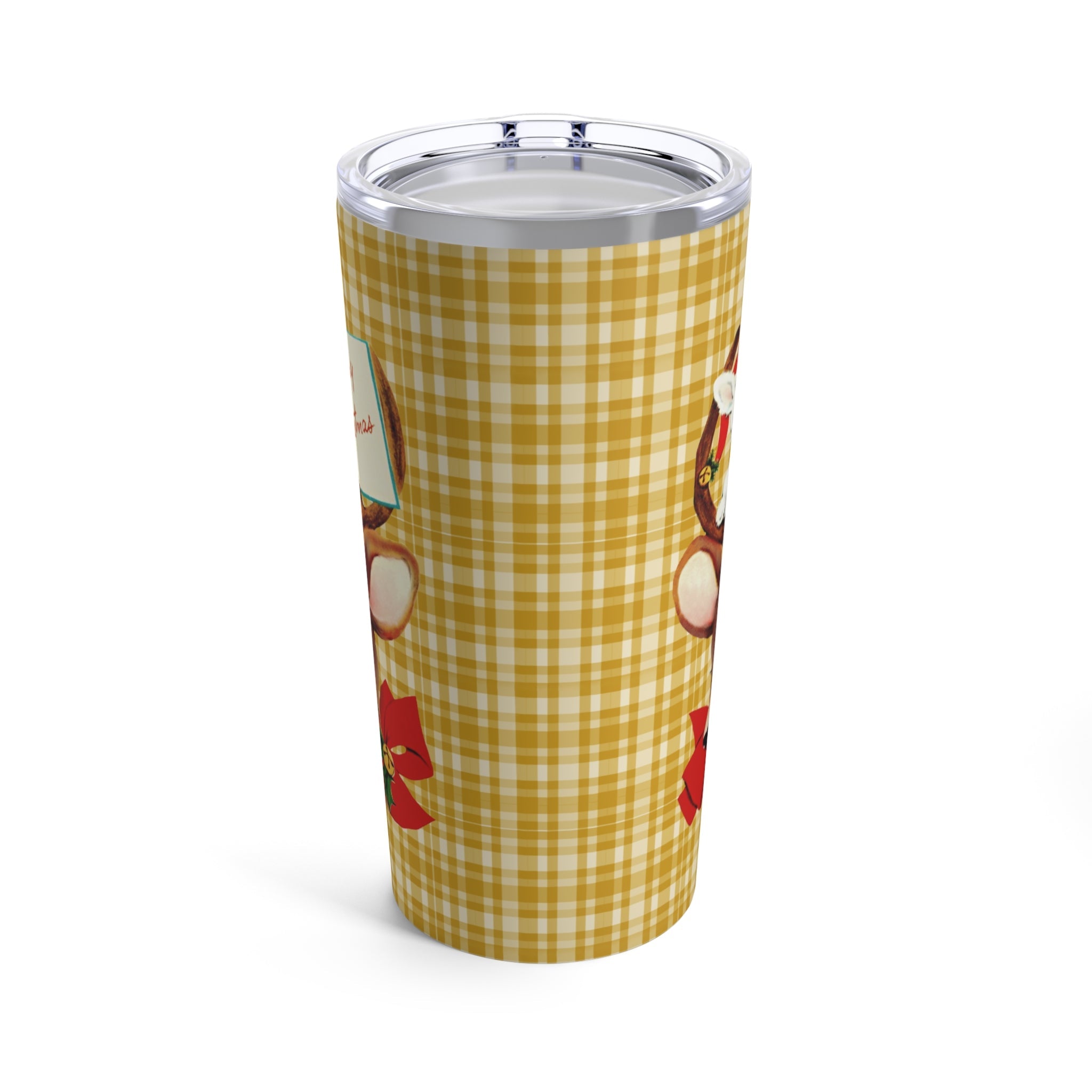 Merry Christmas Reindeer Bunny Yellow Plaid Retro Mid Century Christmas Style Stainless Steel Tumbler 20oz