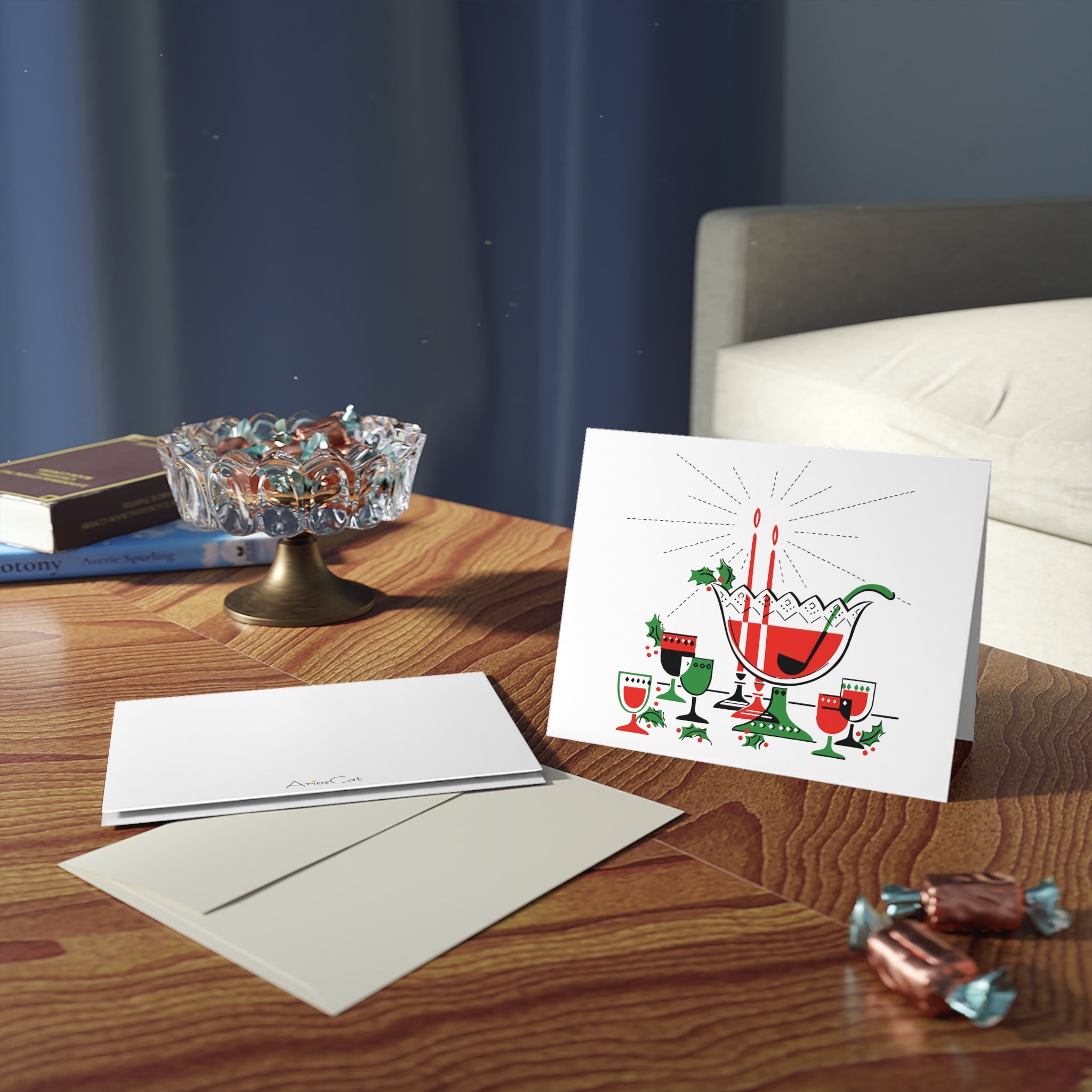 Christmas Cocktails Punchbowl Mid Century Retro Christmas Print Matte Greeting Cards (8, 16, and 24 pcs)