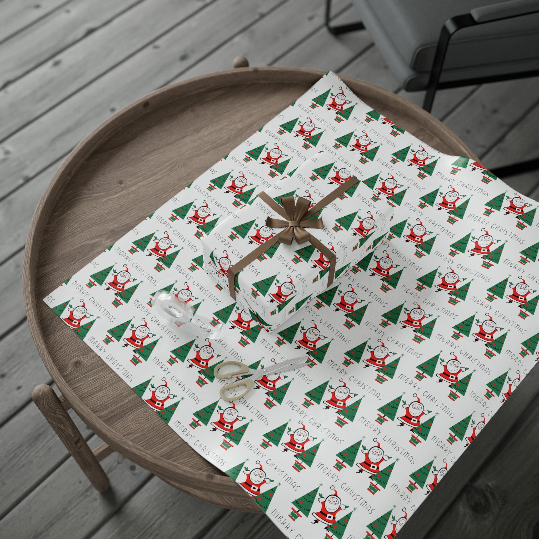Merry Christmas Santa Christmas Trees Mid Century Retro Christmas Print Holiday Gift Wrap Paper - Glossy Or Matte