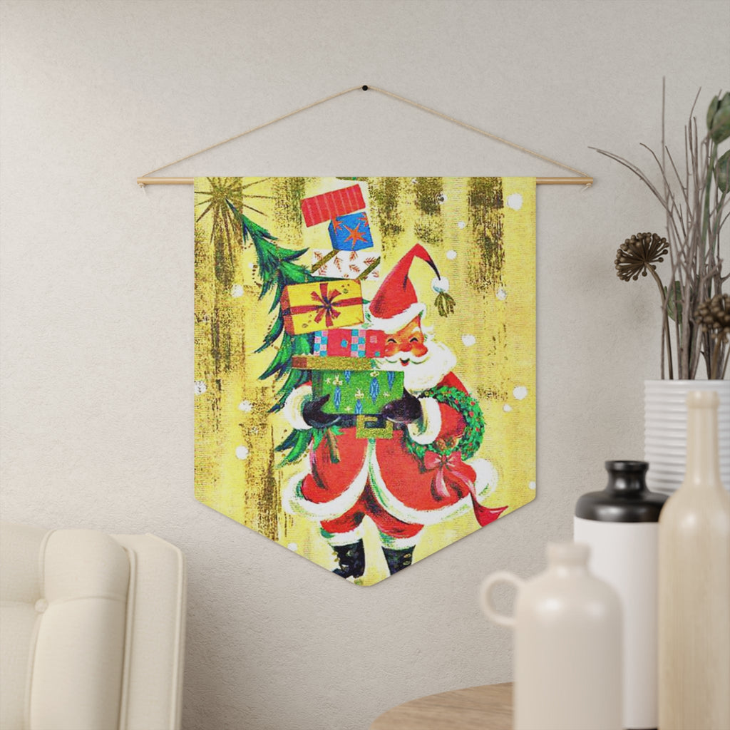 Santa With Presents And Christmas Tree Retro Christmas Print Wall Hanging Banner Flag