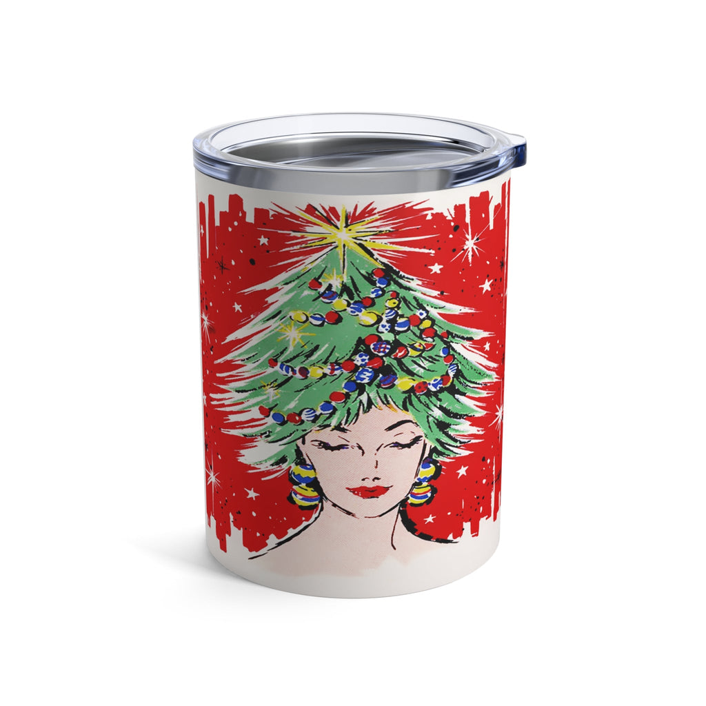 Christmas Tree Hat Lady 50s Mid Century Retro Christmas Print Stainless Steel Tumbler 10oz