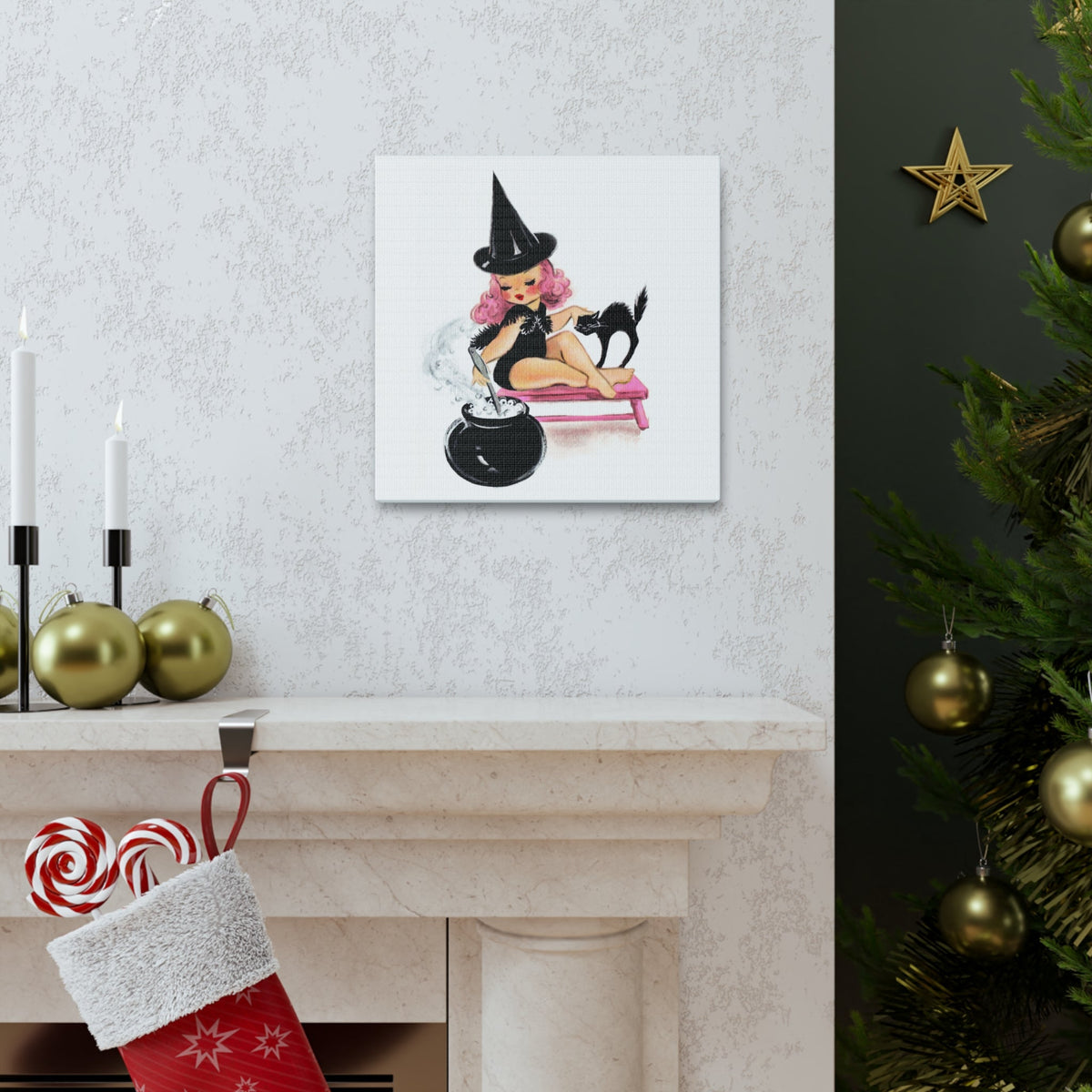 Pink Witch Black Cat Retro Halloween Decor Print Canvas Gallery Wrap