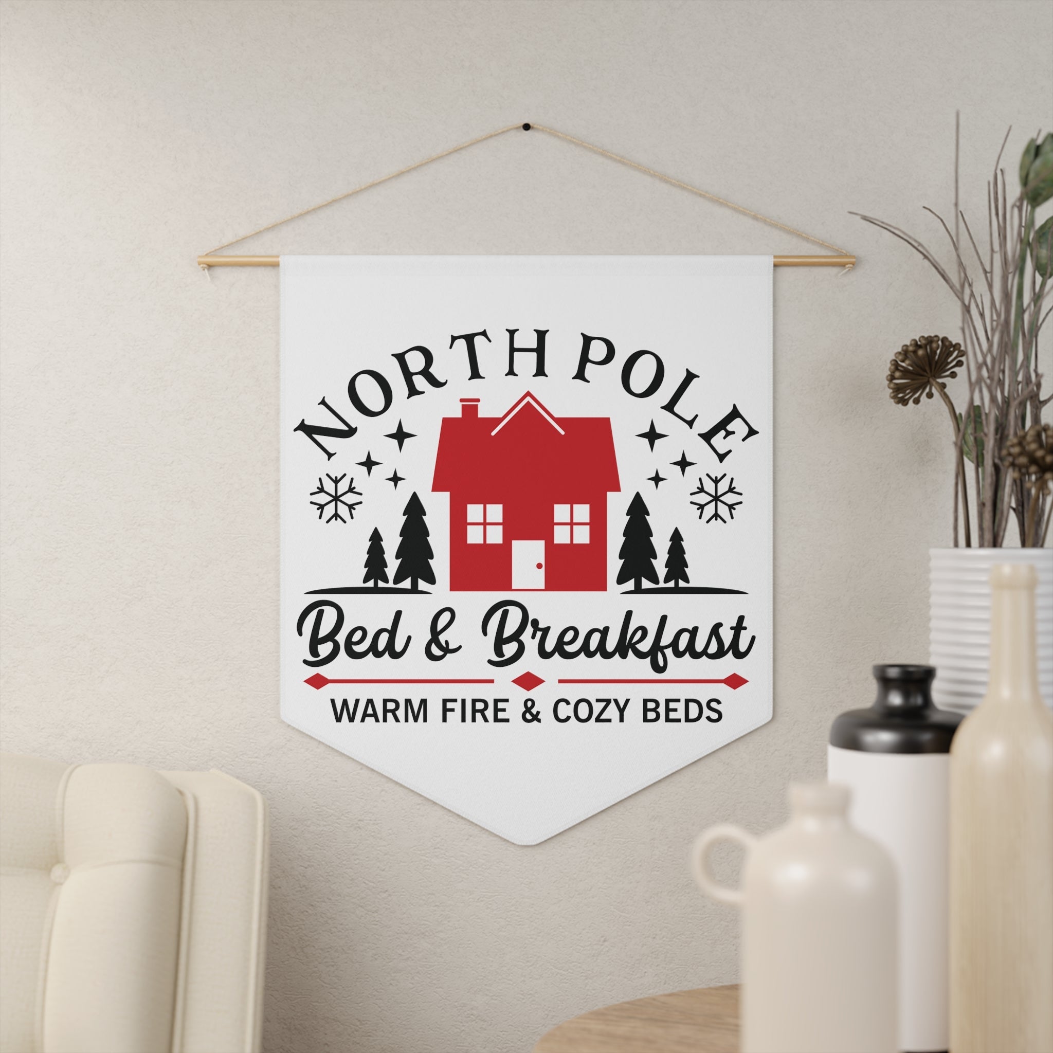 North Pole Bed And Breakfast Warm Fire And Cozy Beds Christmas Wall Hanging Banner Flag