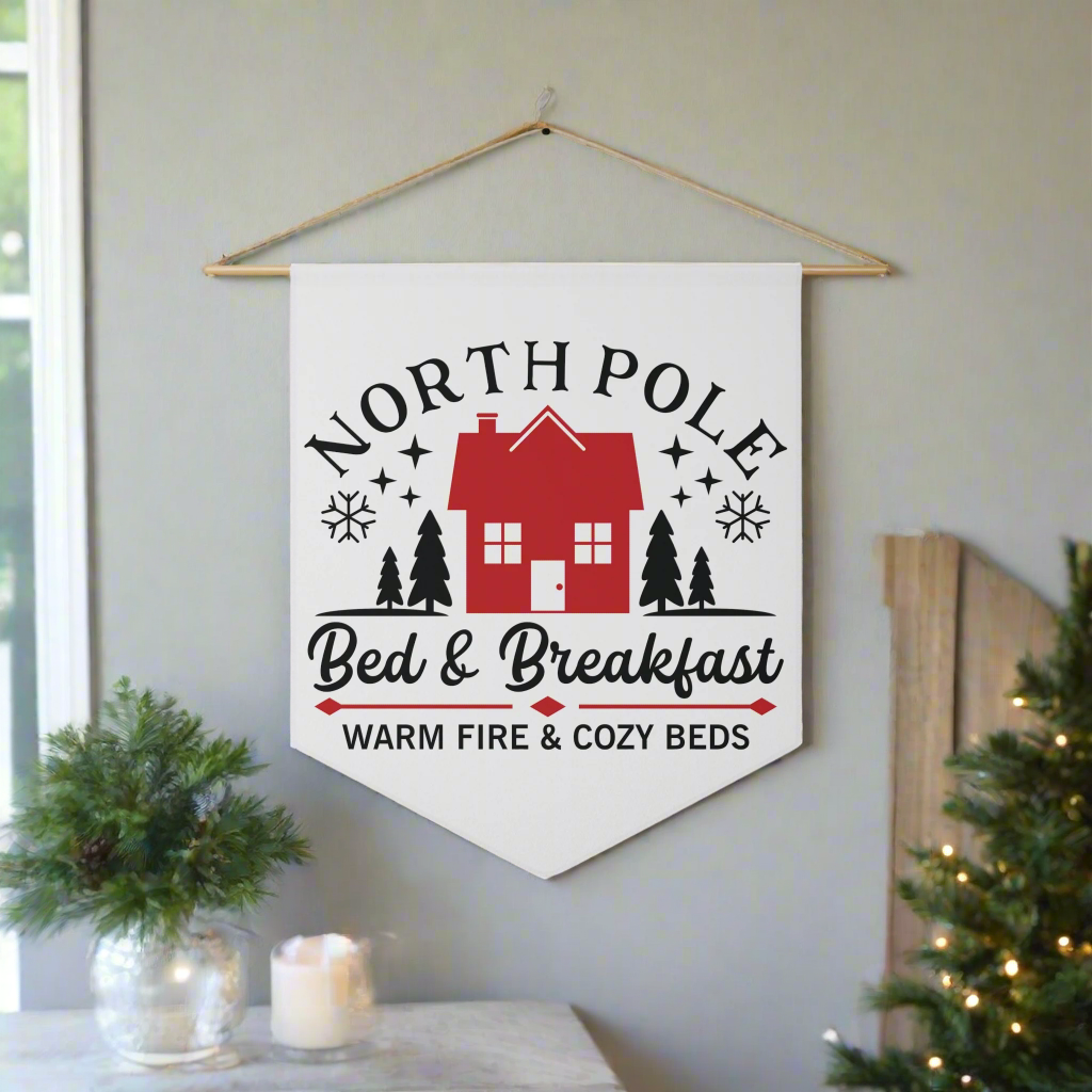 North Pole Bed And Breakfast Warm Fire And Cozy Beds Christmas Wall Hanging Banner Flag