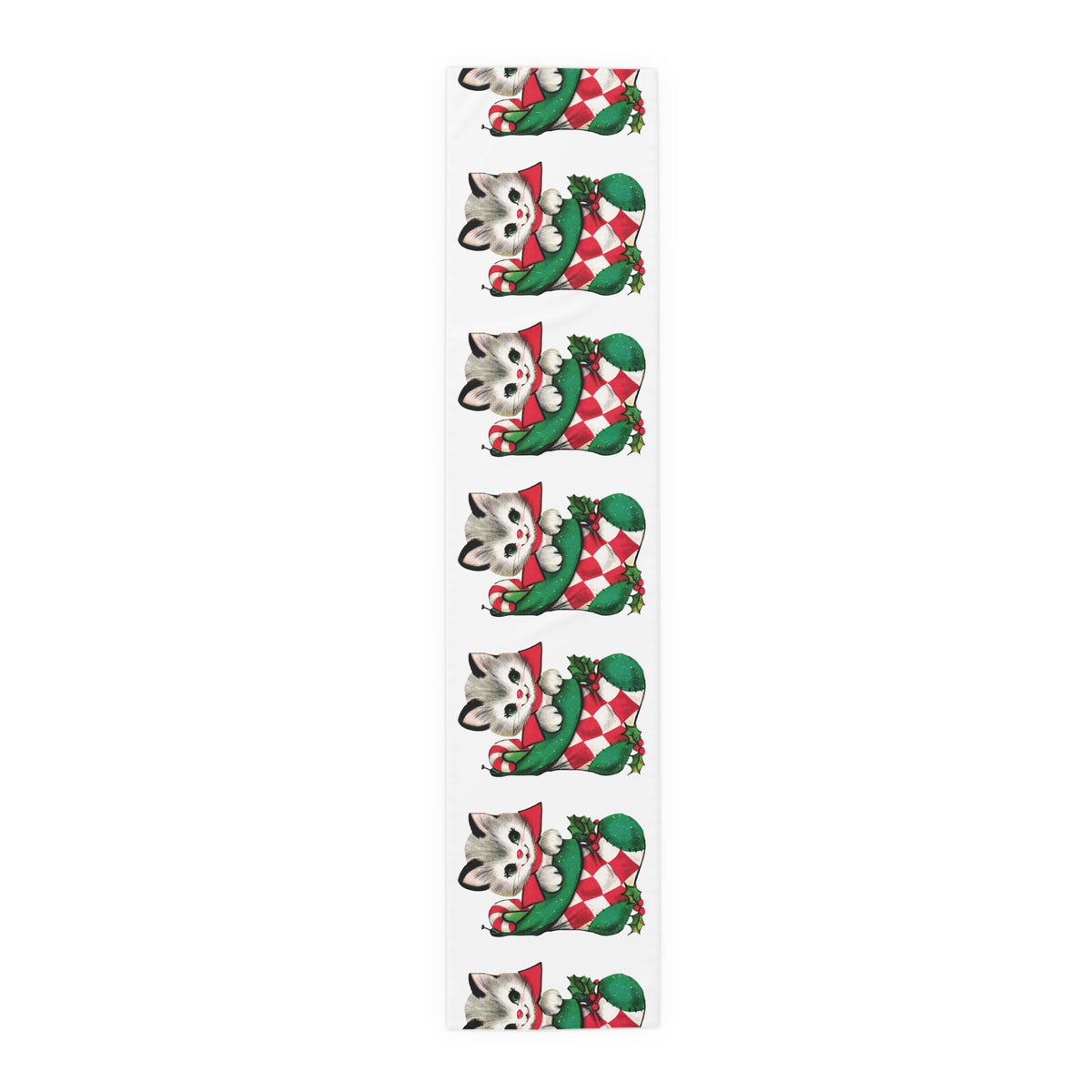 Cute Christmas Kitten In Stocking Mid Century Retro Christmas Print Home Decor Cotton Poly Table Runner