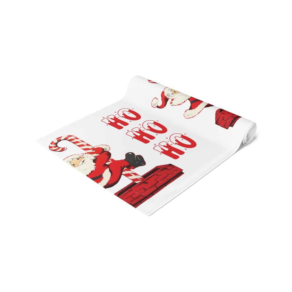 Ho Ho Ho Santa Sliding Down Candy Cane Chimney Mid Century Retro Christmas Party Decor Cotton Poly Table Runner