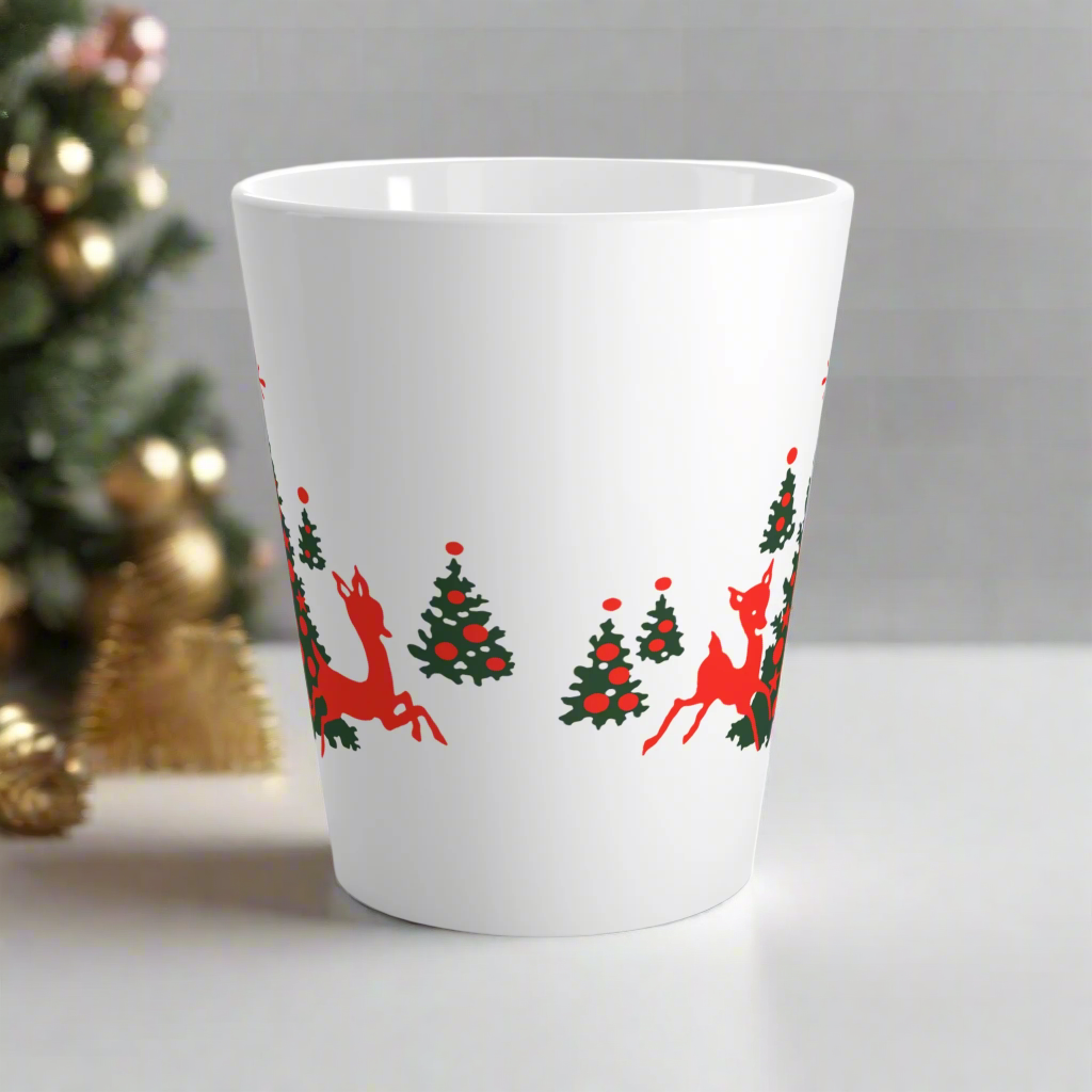 Red Reindeer Christmas Trees Mid Century Retro Latte Coffee Mug