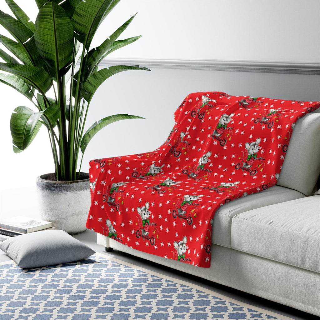 Christmas Mouse On Scooter Stars Red Mid Century Retro Style Christmas Sherpa Fleece Blanket