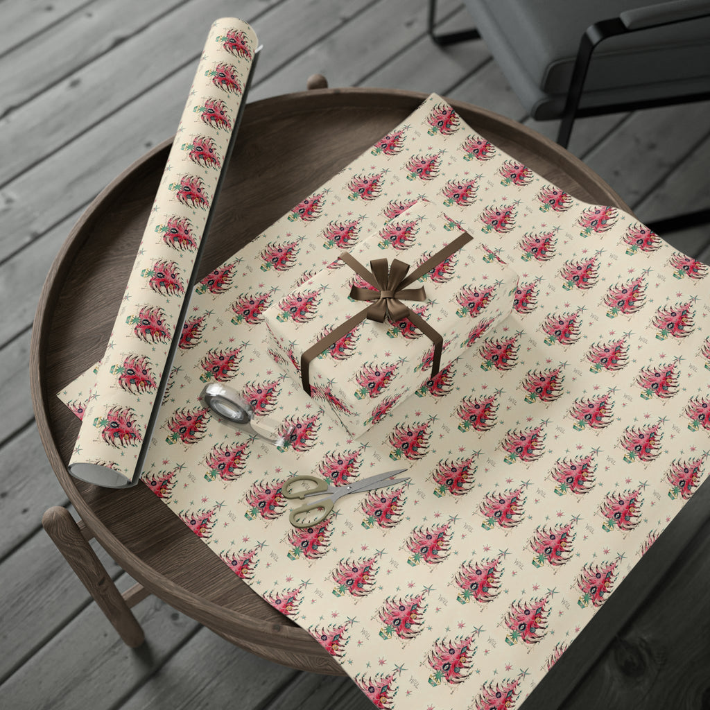 Noel Pink Christmas Trees Mid Century Retro Christmas Print Holiday Gift Wrap Paper - Glossy Or Matte