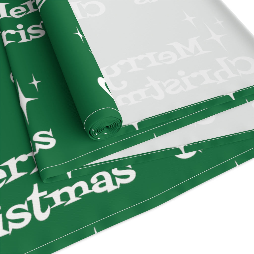 Merry Christmas Starburst Atomic Mid Century Retro Style Christmas Decor Green Cotton Poly Table Runner