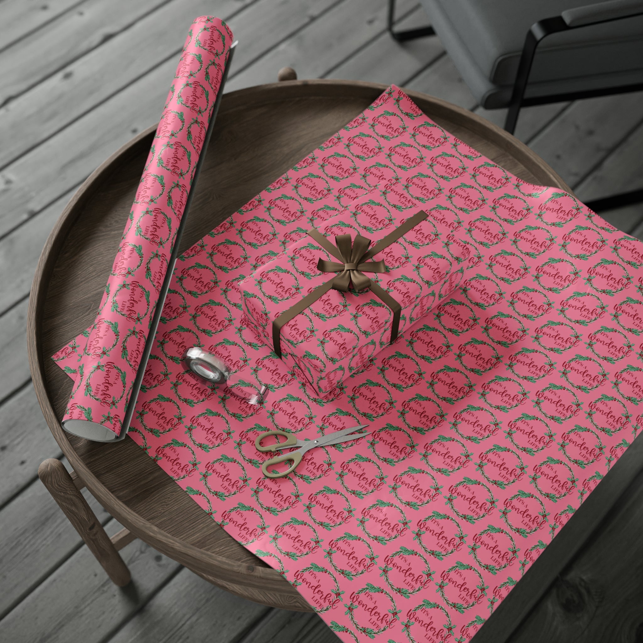 It's A Wonderful Life Christmas Wreath Pink Retro Style Holiday Gift Wrap Paper - Glossy Or Matte