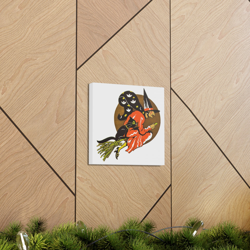 Gold Moon Witch Black Cat Retro Halloween Decor Print Canvas Gallery Wrap