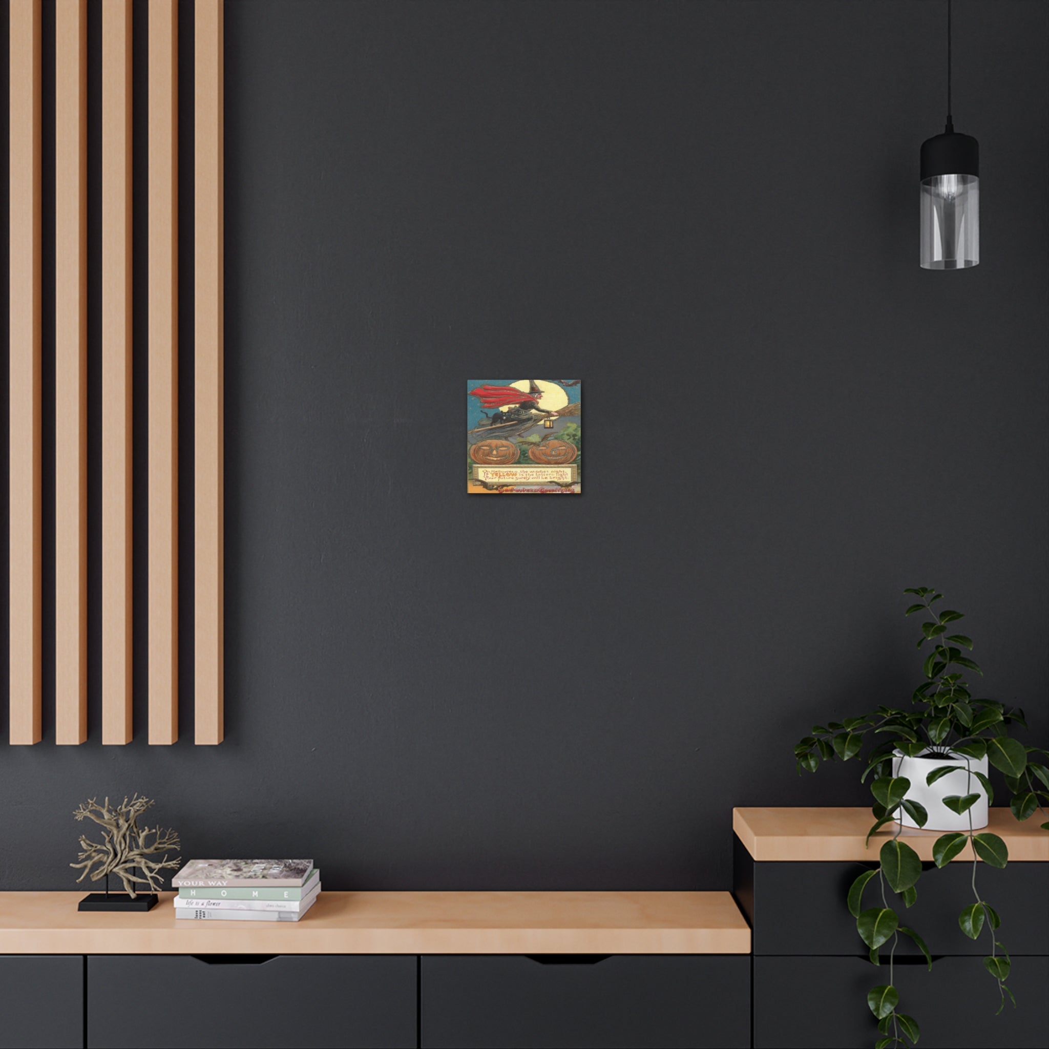 Witch Black Cat Retro Halloween Decor Print Canvas Gallery Wrap
