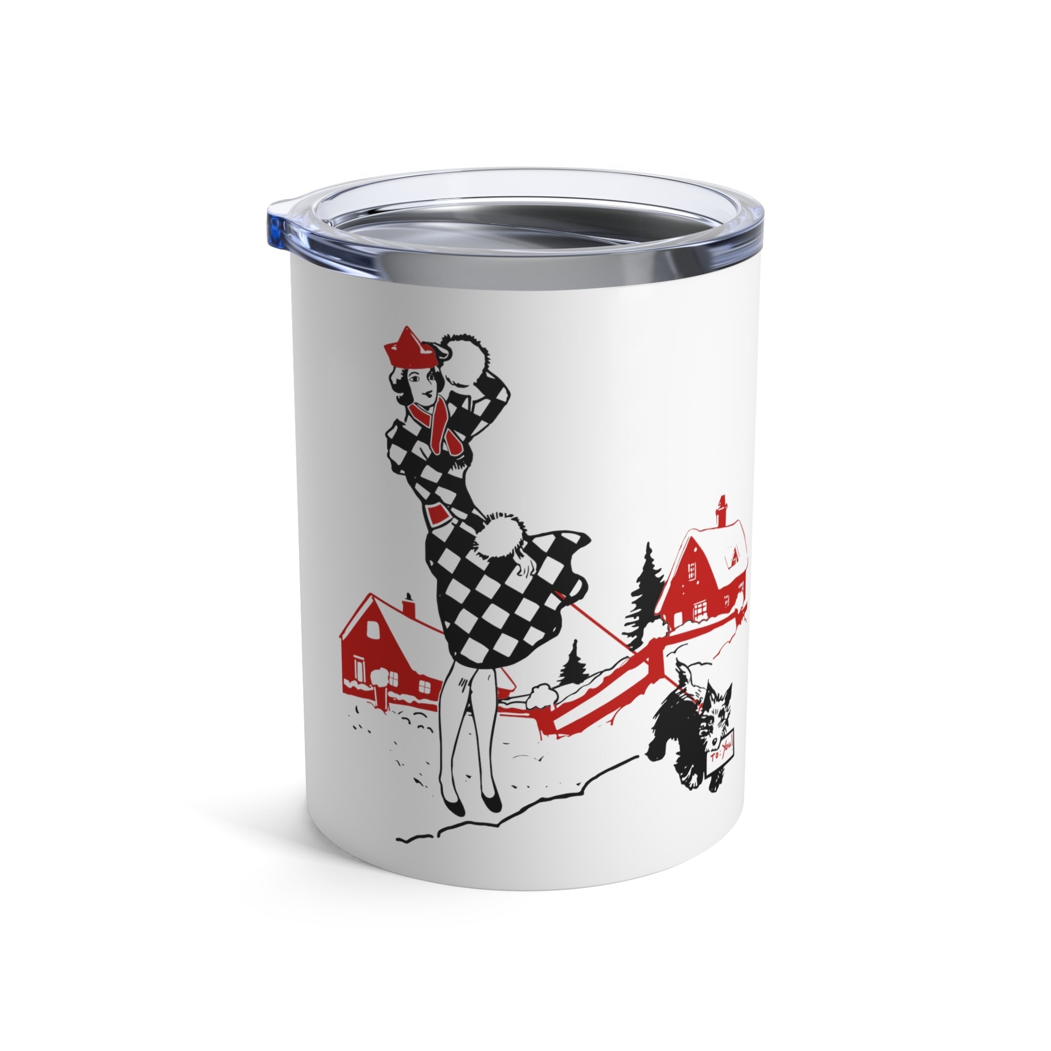 Lady With Black Scottie Mid Century Retro Christmas Print Stainless Steel Tumbler 10oz