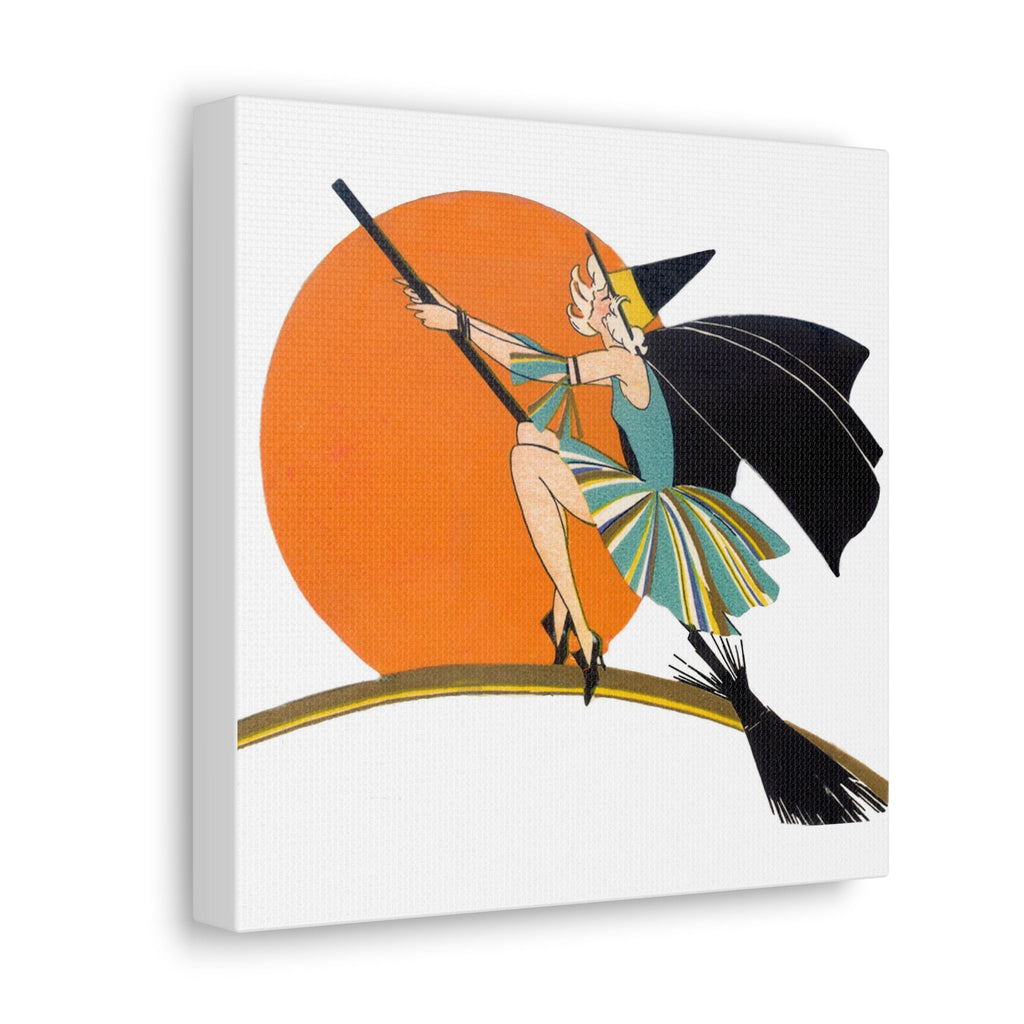 Flapper Witch On Broom Orange Moon Retro Halloween Decor Print Canvas Gallery Wrap