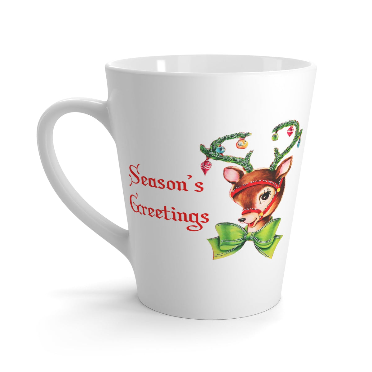 Season's Greetings Reindeer With Ornaments Mid Century Retro Christmas Print Latte Coffee Mug
