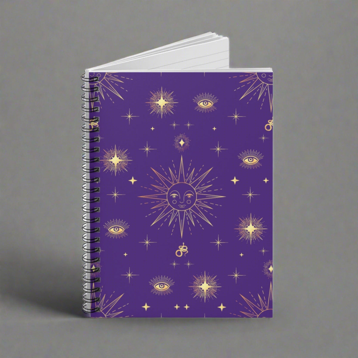 Gold Sun Stars Celestial Tarot Purple Spiral Ruled Line Notebook