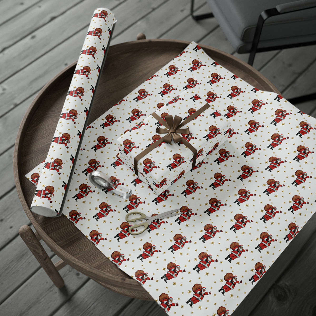 Santa Gold Stars Mid Century Retro Christmas Print Holiday Gift Wrap Paper - Glossy Or Matte
